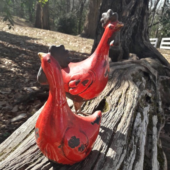Chickens Rooster Bird Figurines Set of 2 Glazed Pottery Clay Crackled Vintage - Picture 14 of 17